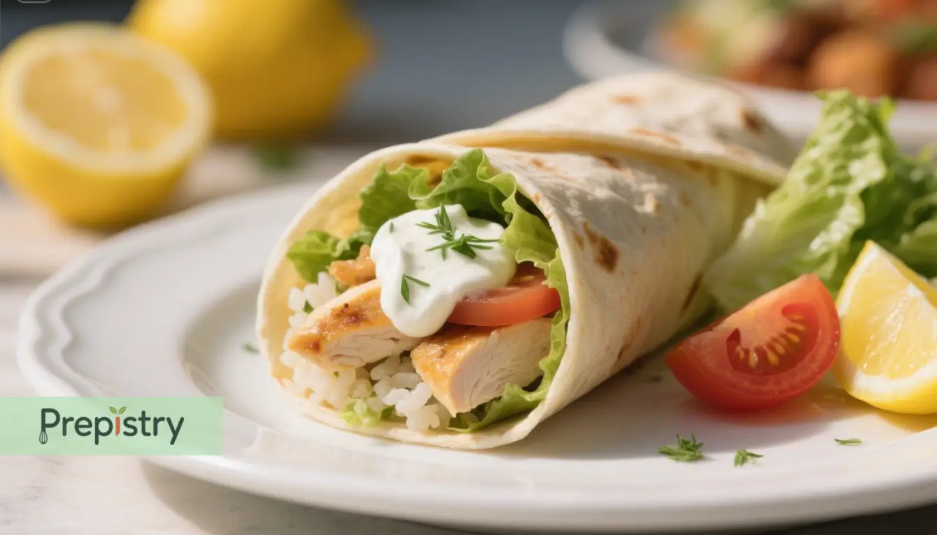 Rotisserie Chicken Wraps Lemon-Herb Yogurt A healthy rotisserie chicken wrap with rice, lettuce, tomatoes, and a dollop of yogurt, served with lemon.