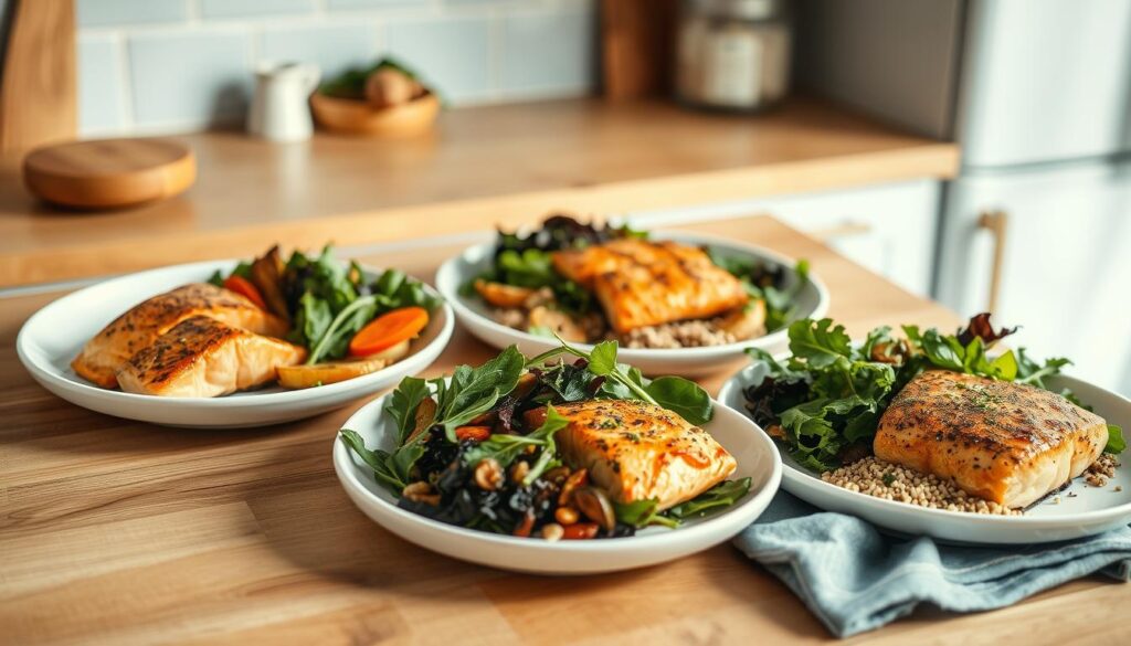 Salmon and chicken meal prep dishes artfully arranged on a wooden kitchen counter, with light blue accents and minimal styling. The salmon filets are seared to perfection, while the chicken breasts are tender and juicy. An array of roasted vegetables, leafy greens, and whole grains complete the nutritious, anti-inflammatory plates. Soft, natural lighting casts a warm glow, highlighting the vibrant colors and textures. The overall scene exudes a sense of wellness, organization, and culinary expertise, reflecting the care and intention behind these carefully crafted meals.