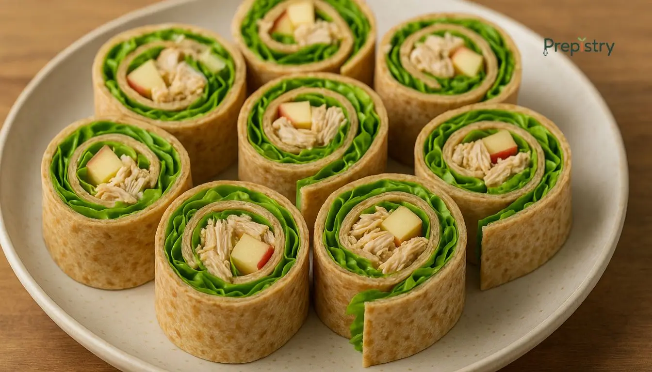 Savory Apple Chicken Pinwheel Wraps Savory chicken and apple pinwheel wraps arranged neatly on a ceramic plate
