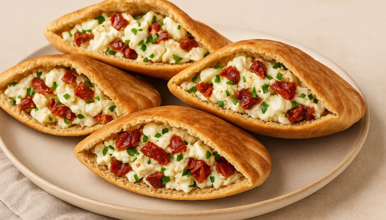Savory Breakfast Pita Melts with Egg Whites Golden pita pockets filled with egg whites, sun-dried tomatoes, and herbs on a ceramic plate