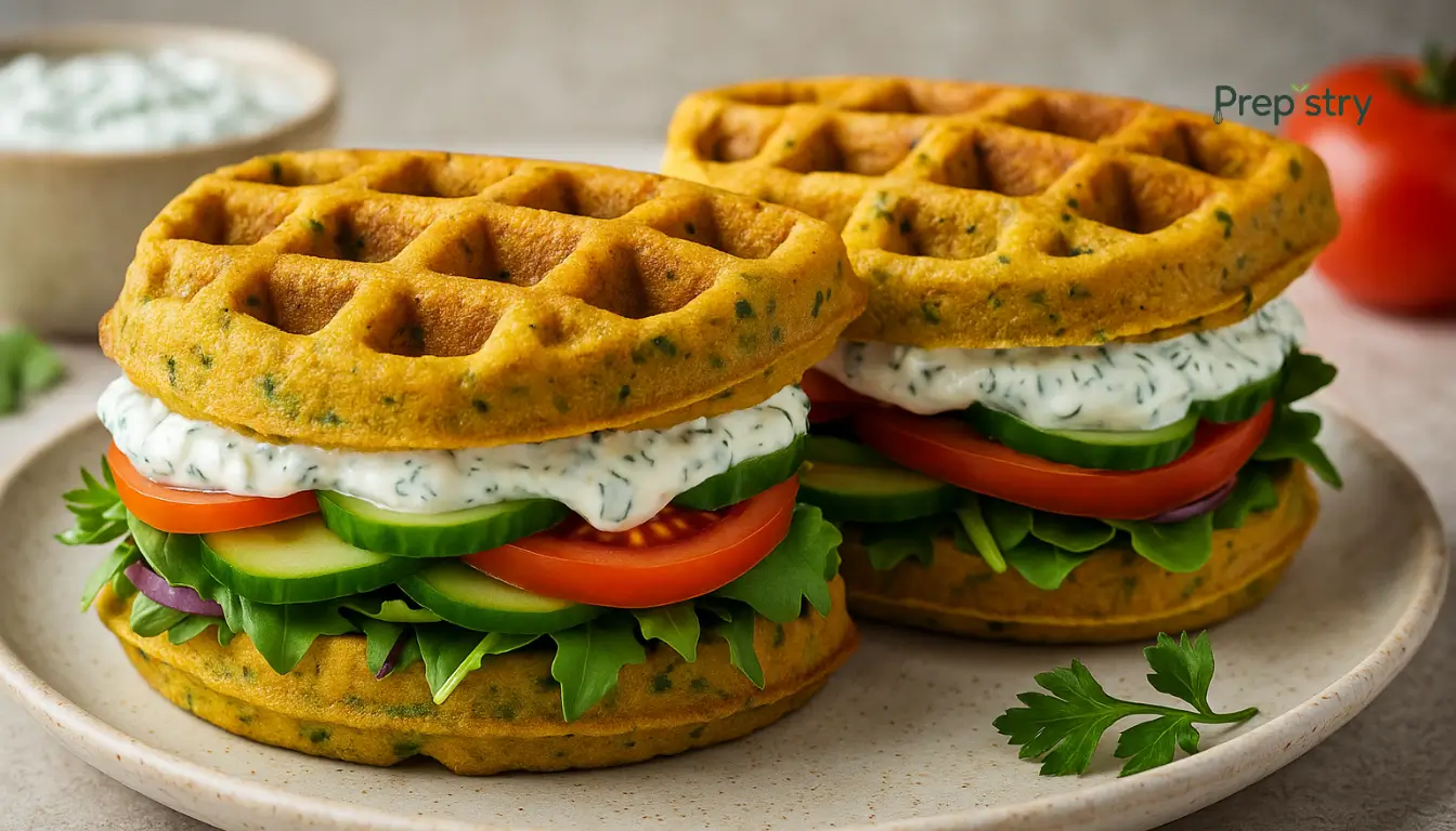Savory Chickpea Waffle Sandwiches Two round chickpea waffle sandwiches with fresh vegetables and yogurt filling