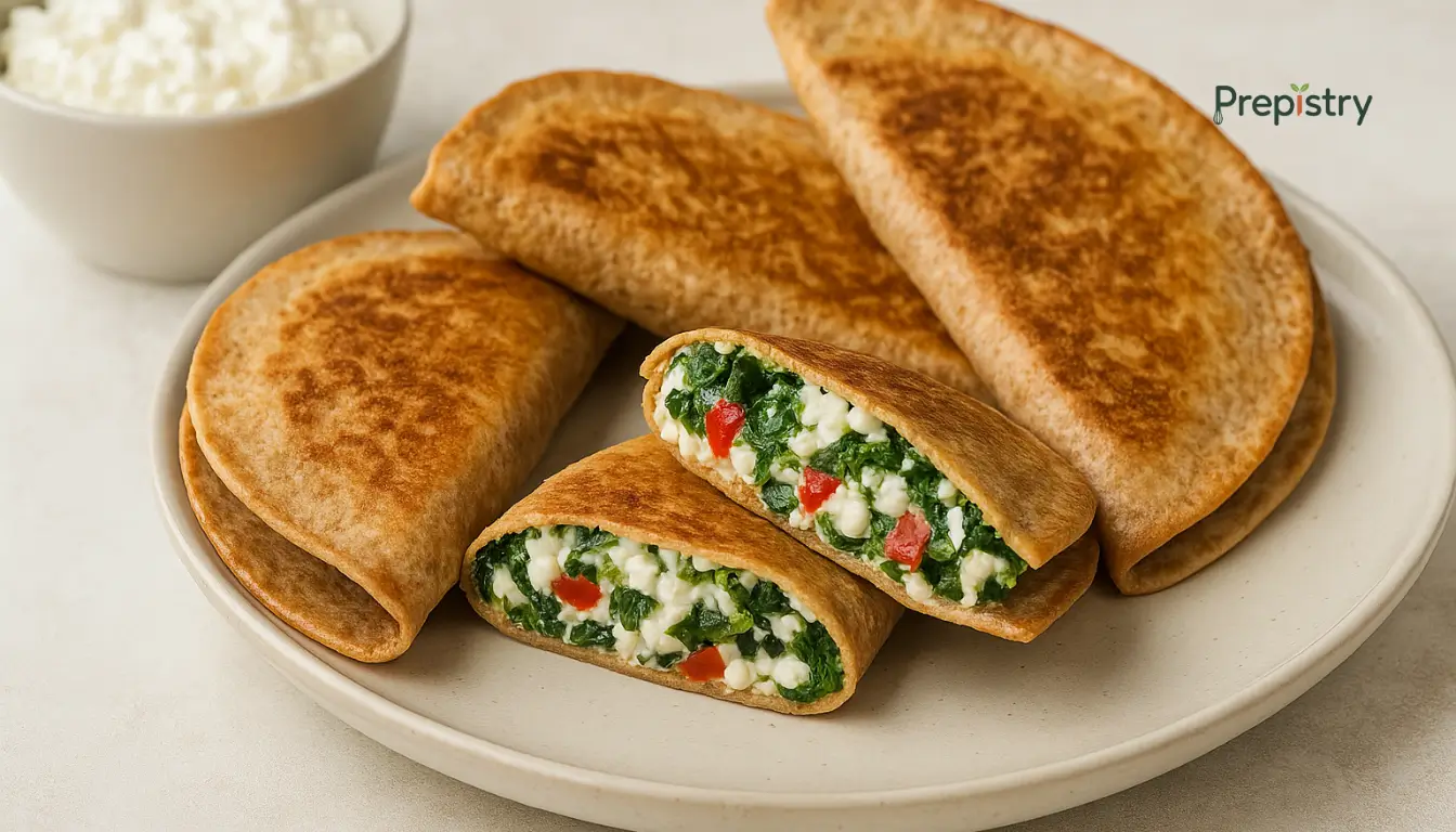 Savory Cottage Cheese Breakfast Quesadilla Pockets Golden-brown quesadilla pockets with cottage cheese, spinach, and red pepper filling