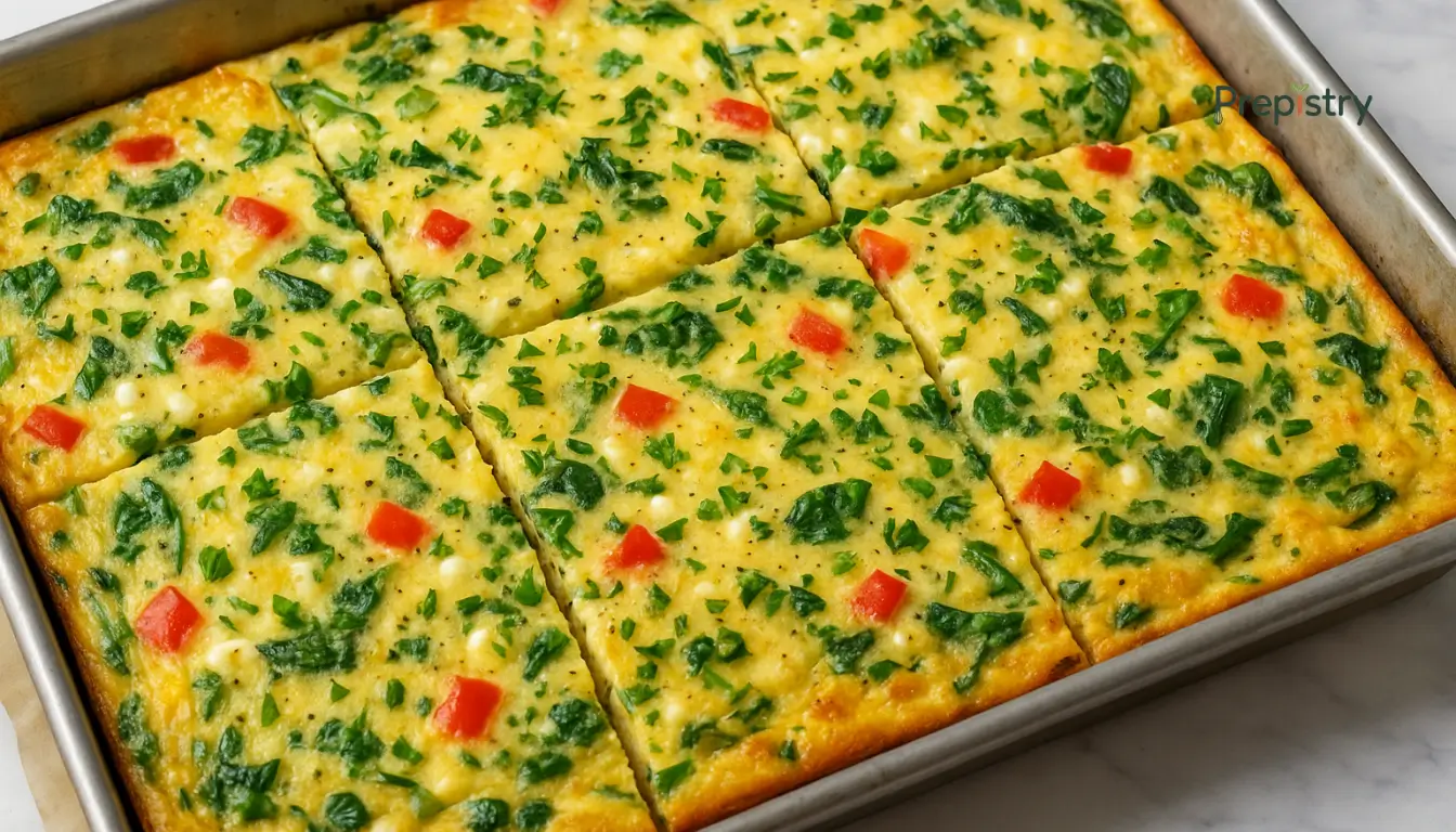 Savory Cottage Cheese & Herb Sheet Pan Frittata Sheet pan frittata with spinach, red peppers, and herbs cut into six servings