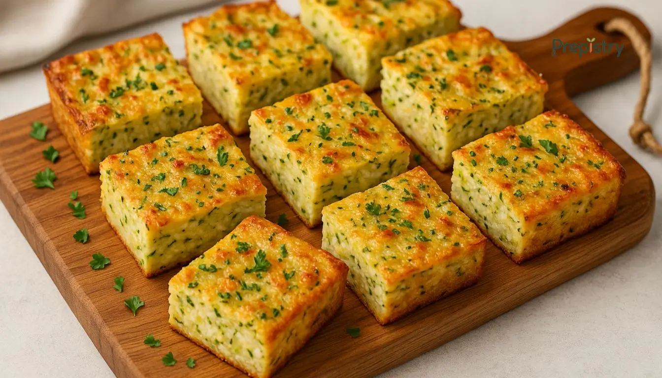 Savory Cottage Cheese & Zucchini Breakfast Squares Savory zucchini and cottage cheese breakfast squares garnished with herbs on a wooden board