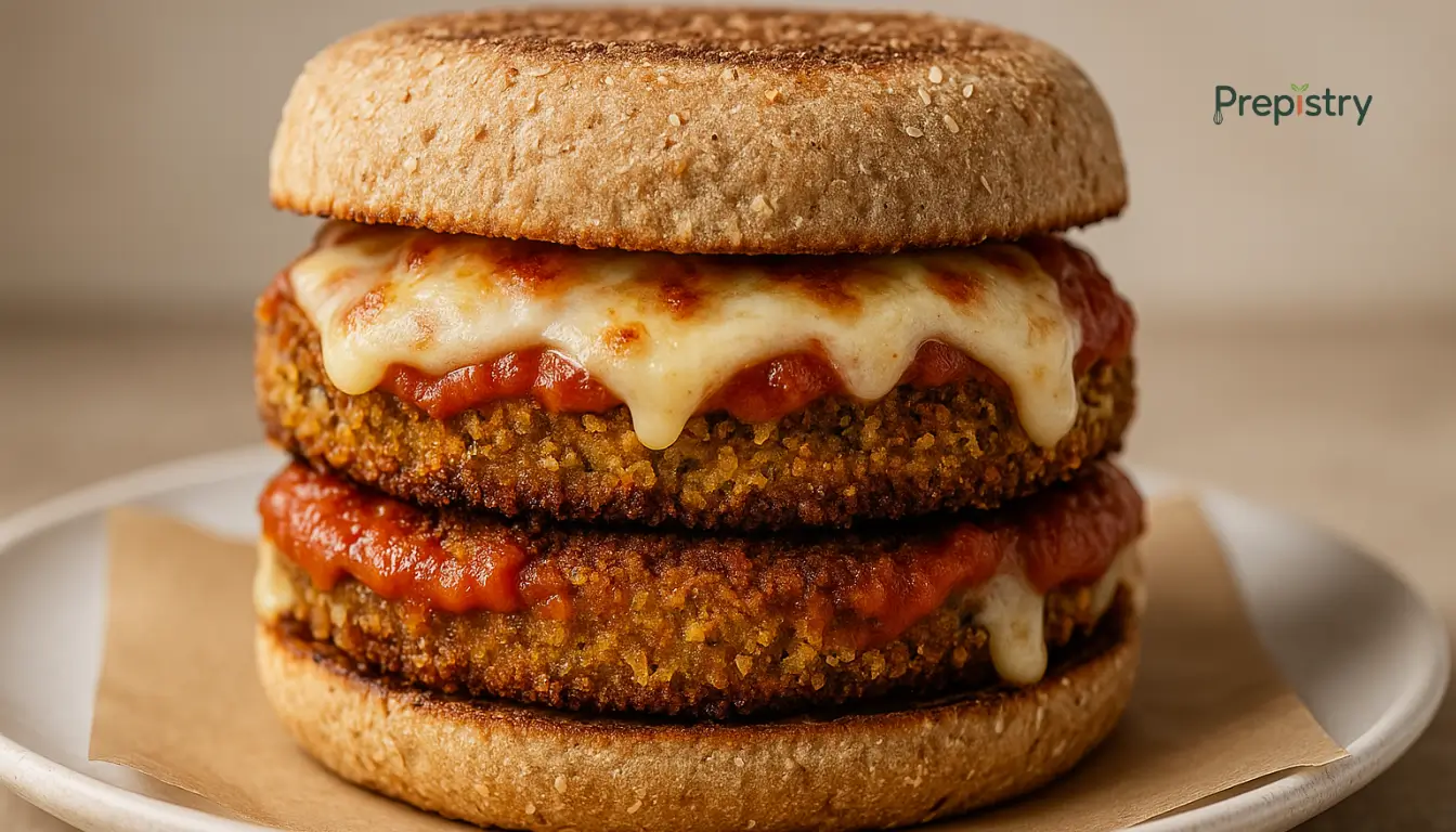 Savory Eggplant Parmesan Freezer Sandwiches Crispy eggplant parmesan sandwich with melted mozzarella on whole grain English muffin