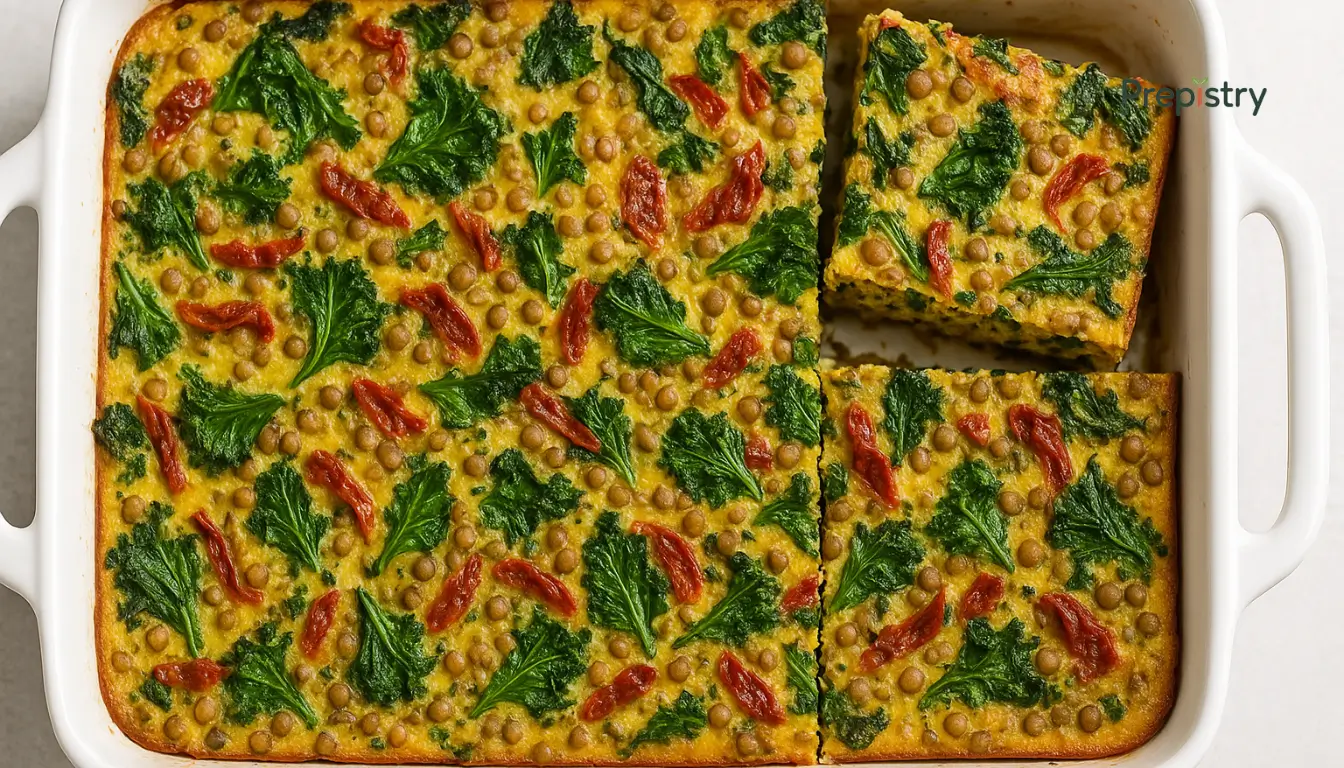 Savory Lentil & Quinoa Breakfast Bake Golden breakfast bake with kale, lentils, and sun-dried tomatoes in a white ceramic dish