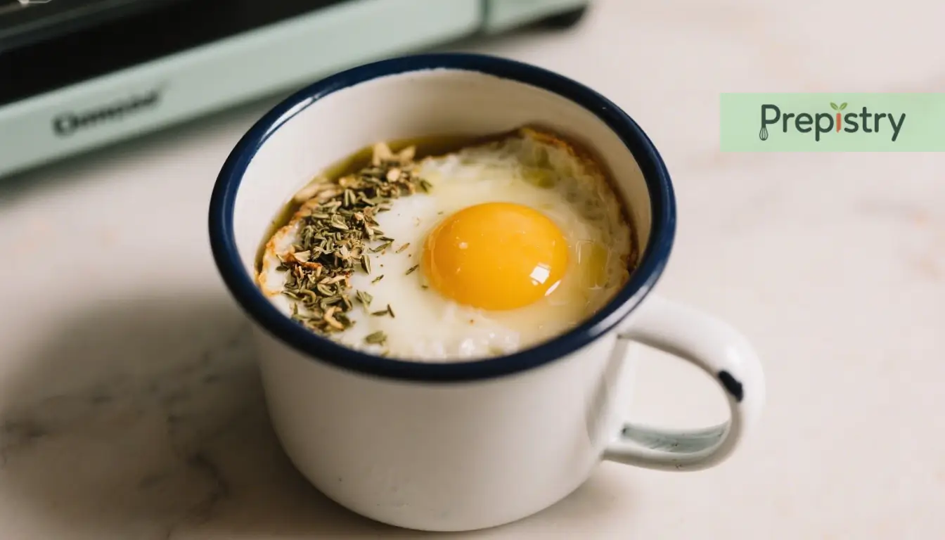 Savory Mediterranean Egg Mug with Za'atar Savory Mediterranean egg mug with za'atar seasoning, a runny yolk, and a rustic mug.