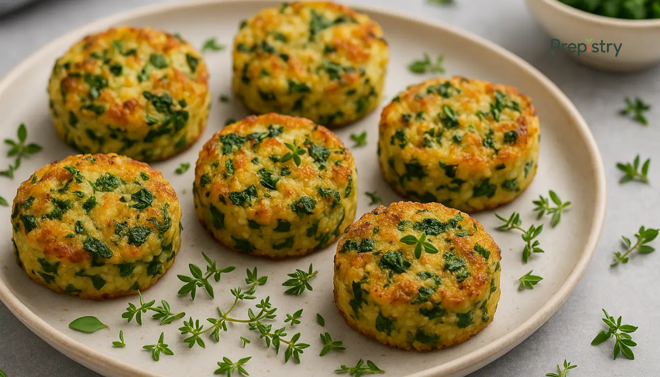 Savory Millet & Cottage Cheese Breakfast Cakes Golden millet and cottage cheese breakfast cakes garnished with herbs on a ceramic plate
