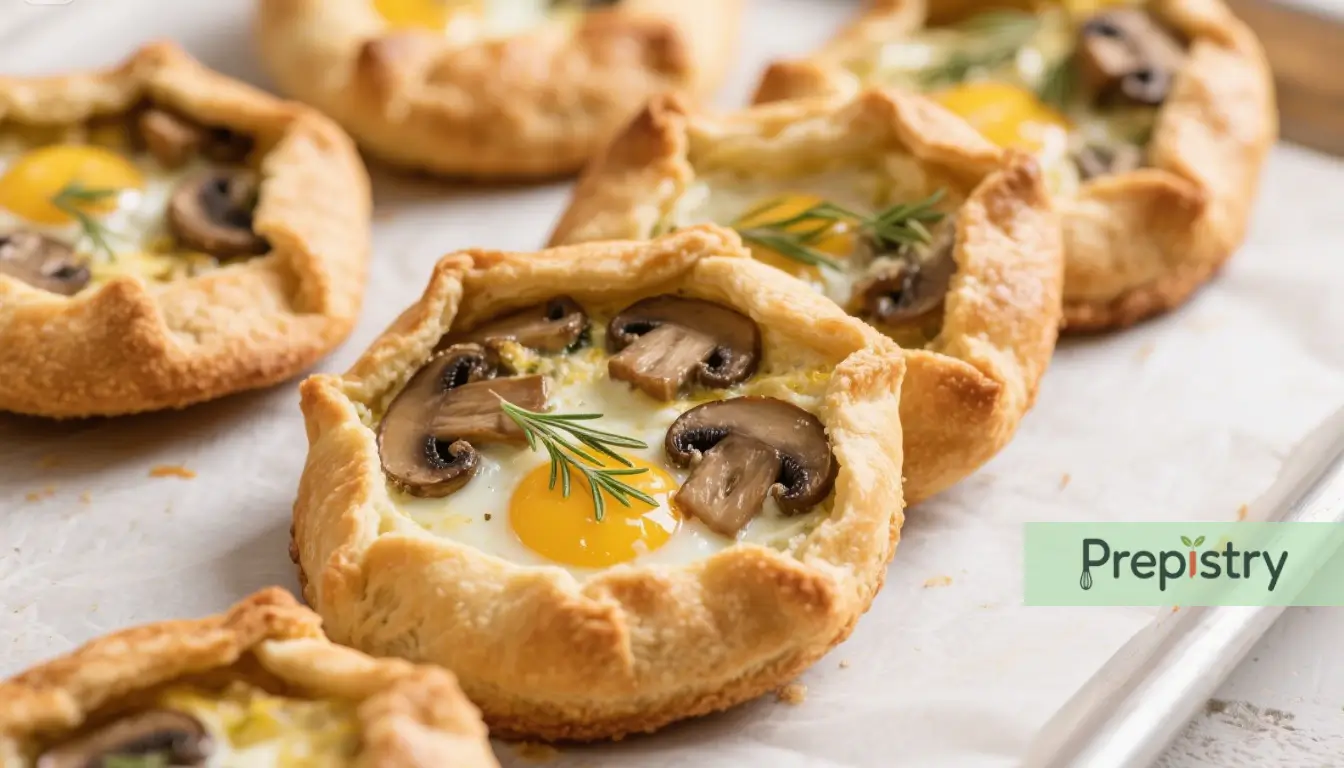 Savory Mushroom & Thyme Freezer Galettes A freshly baked mushroom and egg galette with a golden, flaky crust and fresh rosemary garnish.