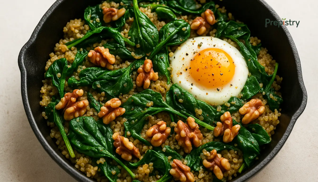 Savory Quinoa Breakfast Skillet Savory quinoa skillet with spinach, walnuts, and a soft-cooked egg in a cast iron pan