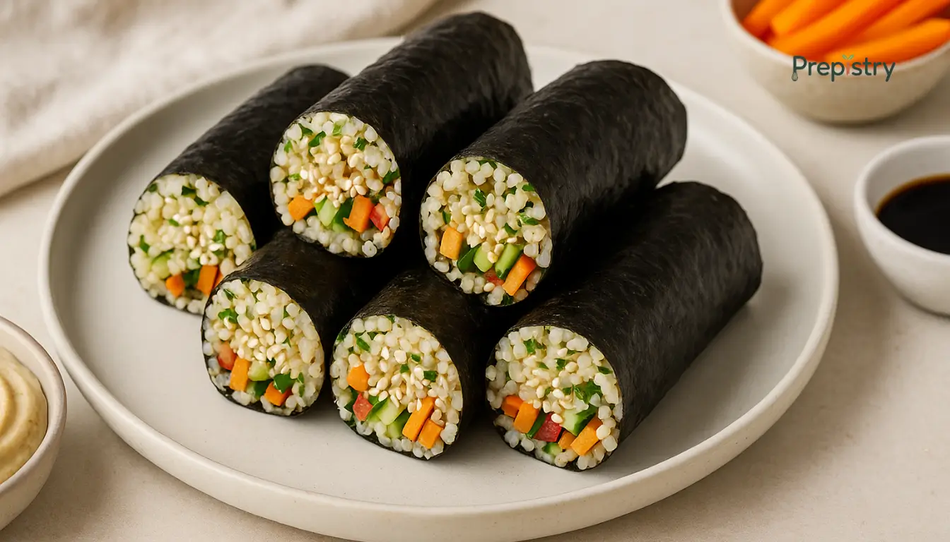Savory Quinoa Nori Snack Rolls Rolled nori wraps with quinoa, vegetables, and sesame seeds on a white plate