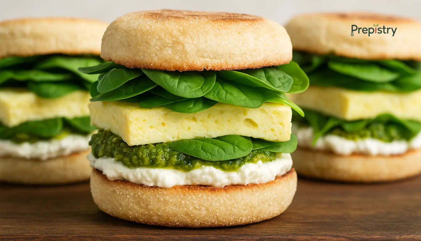 Savory Ricotta Pesto English Muffin Breakfast Stacks Fluffy egg, pesto, ricotta, and spinach stacked on a toasted English muffin