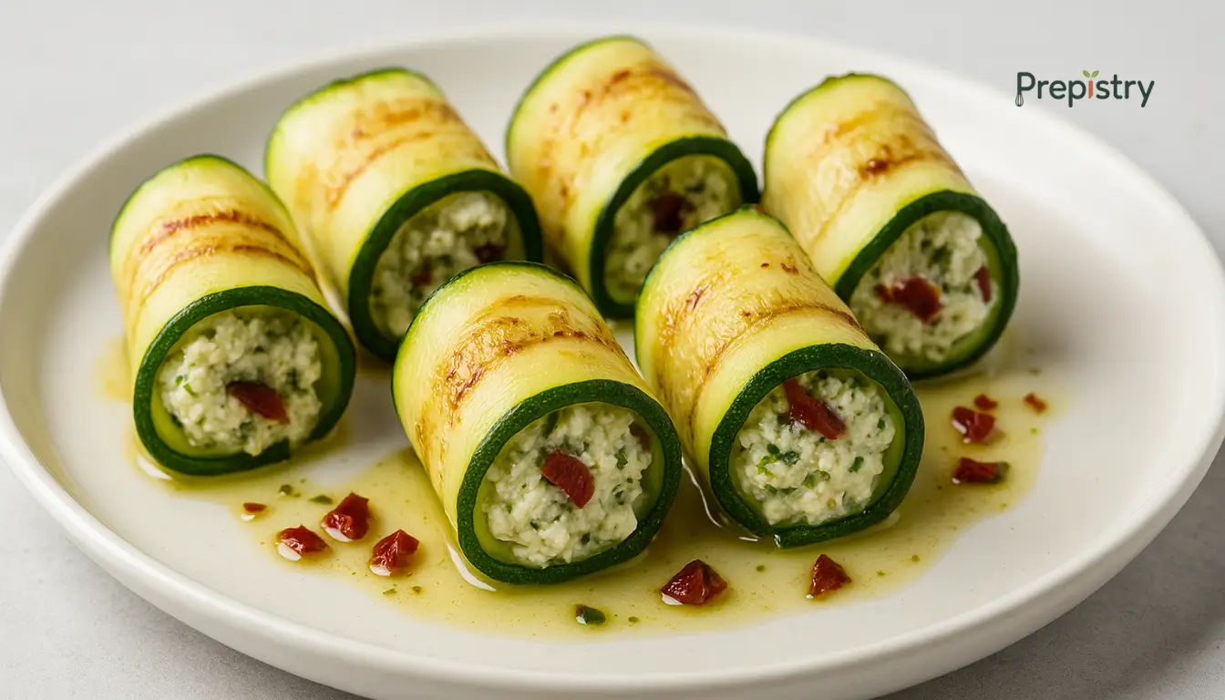 Savory Ricotta and Pesto Zucchini Roll-Ups : Grilled zucchini roll-ups filled with creamy ricotta, pesto, and sun-dried tomato pieces