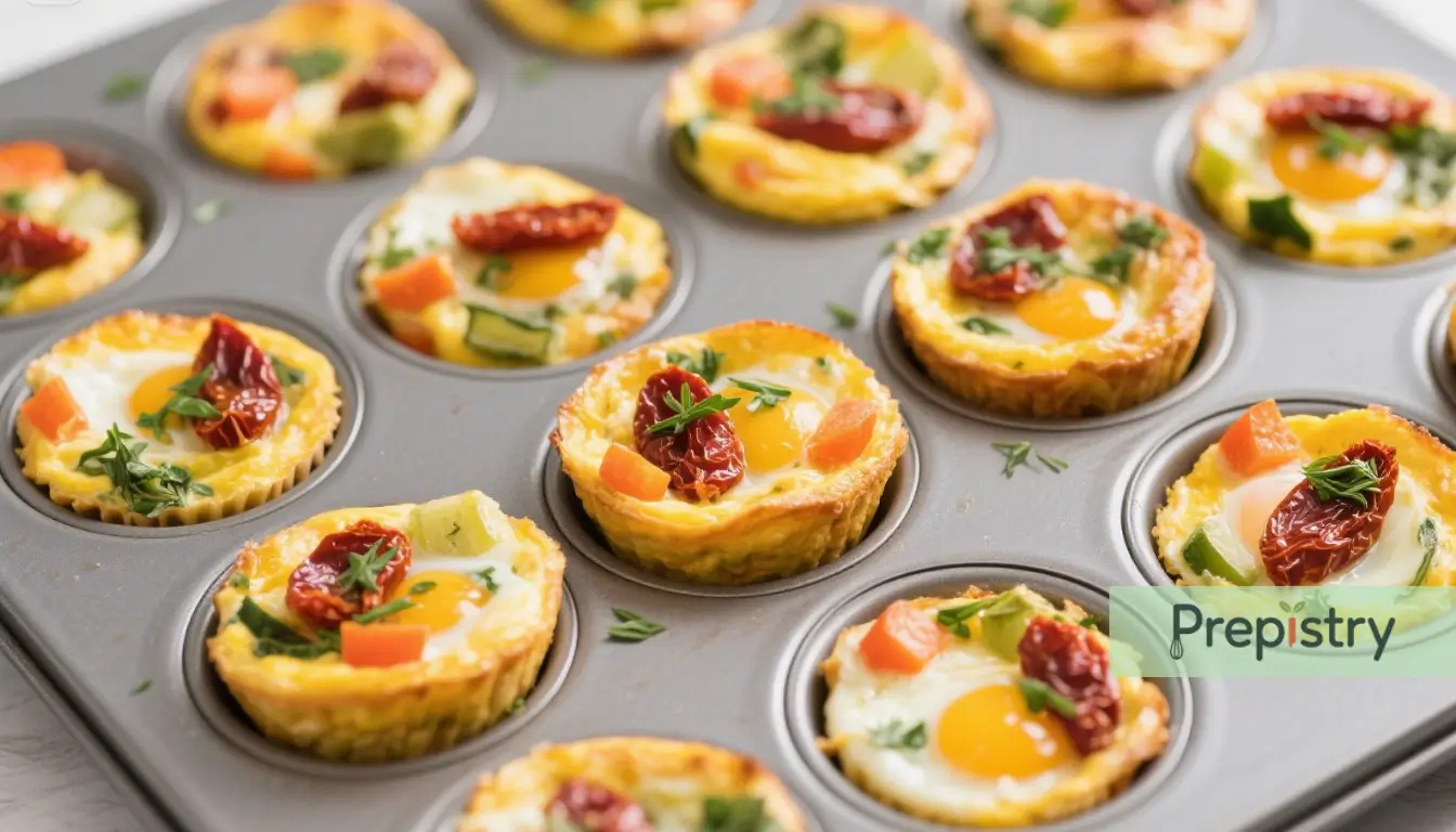 Savory Sun-Dried Tomato & Herb Egg White Sun-dried tomato and herb egg muffins in a muffin tin, perfect for a healthy, portable breakfast.
