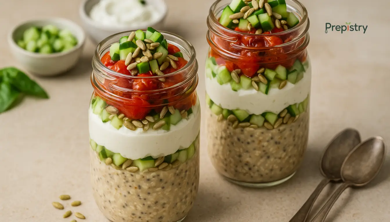 Savory Whipped Feta & Tomato Breakfast Jars Layered breakfast jar with oats, whipped feta, tomato confit, cucumber, and sunflower seeds