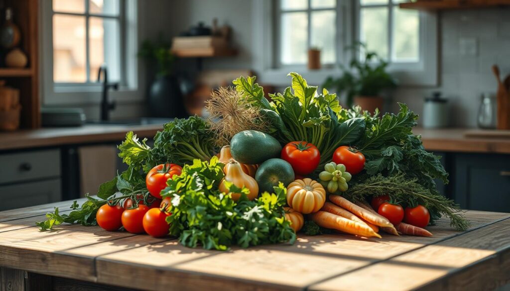 Seasonal produce bursting with vibrant colors and textures, artfully arranged on a rustic wooden table in a cozy, minimalist kitchen. Soft natural light filters through the window, casting a warm glow on the fresh fruits and vegetables, their shapes and shadows creating a visually captivating still life. Leafy greens, juicy tomatoes, crisp carrots, and other seasonal delights are highlighted, conveying the inherent benefits of eating locally and in tune with nature's rhythms. The scene exudes a sense of simplicity, abundance, and the joy of cooking with the best that the season has to offer.