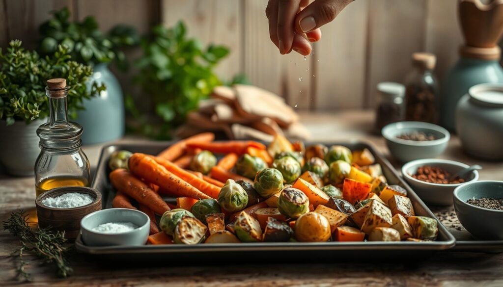 Seasoning and oiling techniques for roasted vegetables in a cozy, minimal kitchen with wooden textures and light blue accents. A variety of fresh vegetables, including carrots, Brussels sprouts, and potatoes, arranged on a baking sheet. Olive oil, salt, pepper, and various dried herbs and spices displayed alongside the vegetables. The scene is illuminated by soft, natural lighting, with a focus on the preparation process and the vibrant colors of the produce. The overall atmosphere is one of simplicity, efficiency, and the celebration of seasonal, flavorful ingredients.