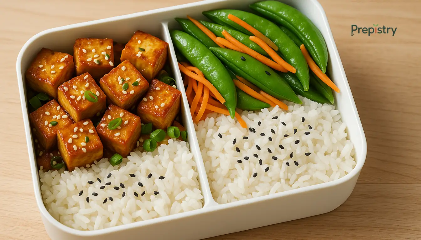 Sesame Tofu & Snap Pea Bento with Coconut Rice "Sesame tofu, snap peas, and coconut rice arranged neatly in a white bento box"