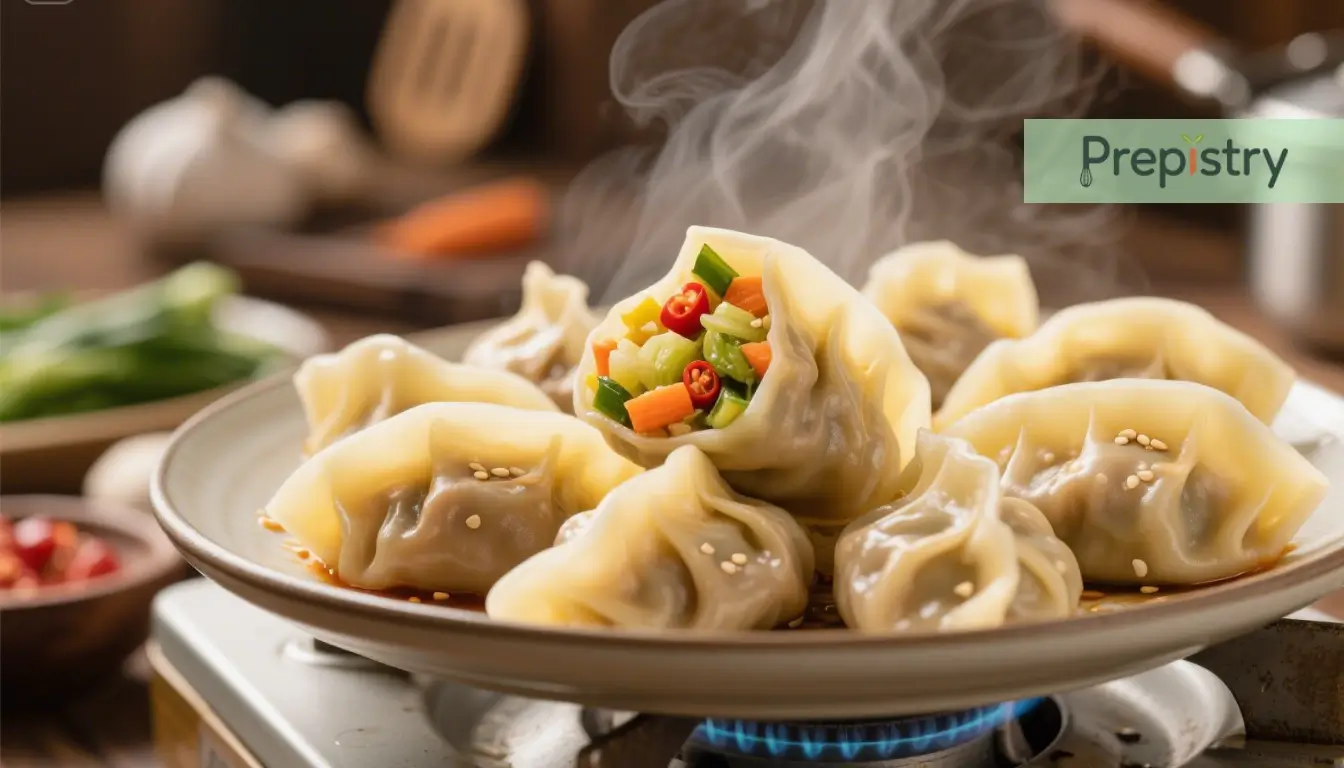 Sesame Veggie Dumplings Steamed sesame veggie dumplings showcasing a vibrant mix of vegetables inside.