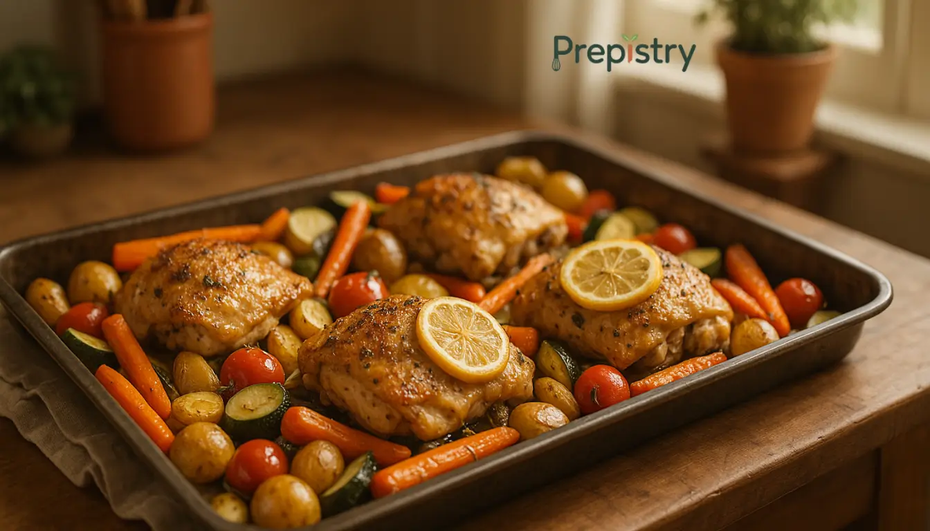 Sheet Pan Lemon-Herb Chicken Roasted Veggies Sheet pan of roasted lemon-herb chicken thighs and colorful vegetables on a wooden counter.