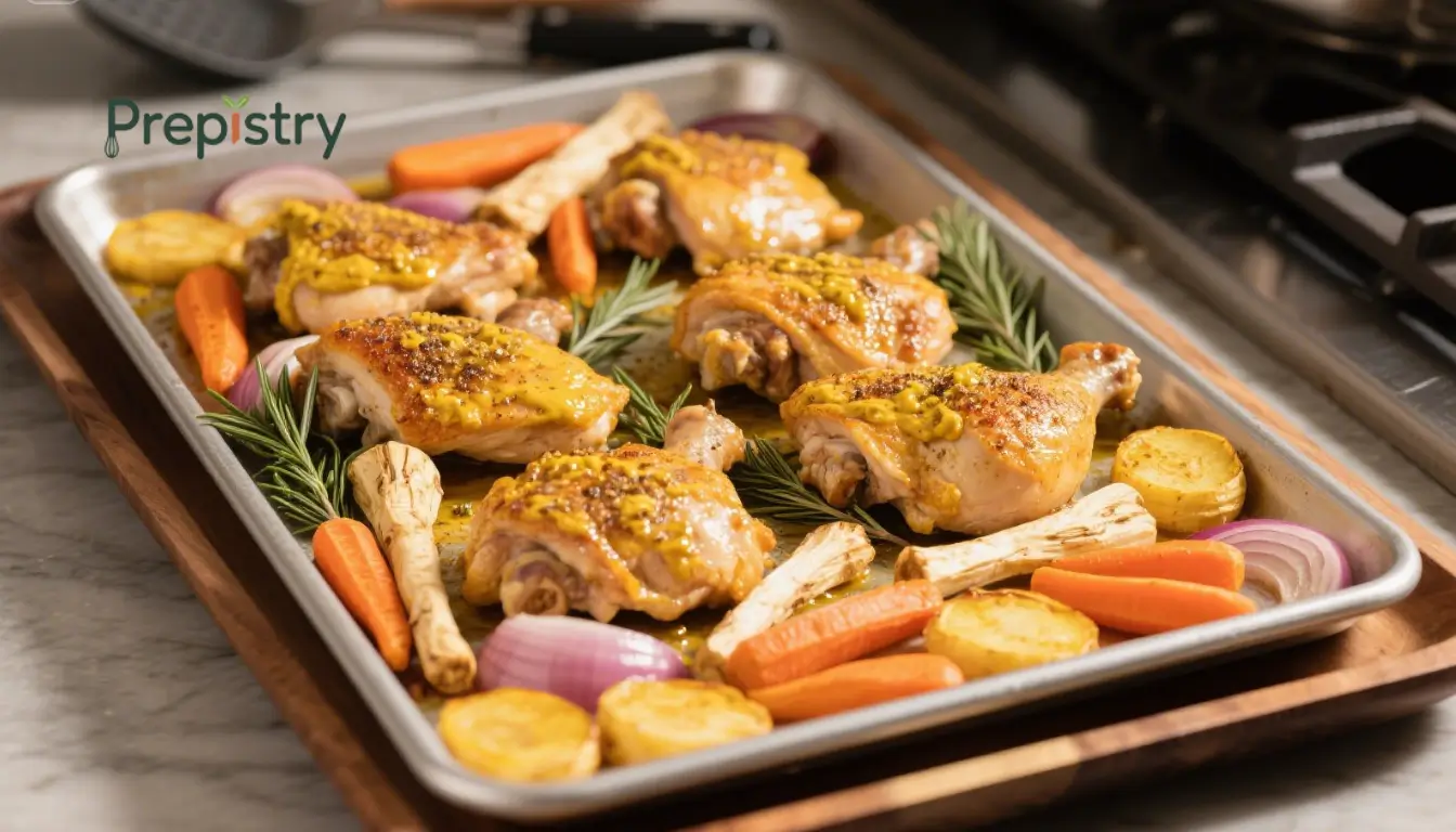 Sheet Pan Mustard-Rosemary Chicken Golden mustard-rosemary chicken thighs with roasted carrots, potatoes, and parsnips.