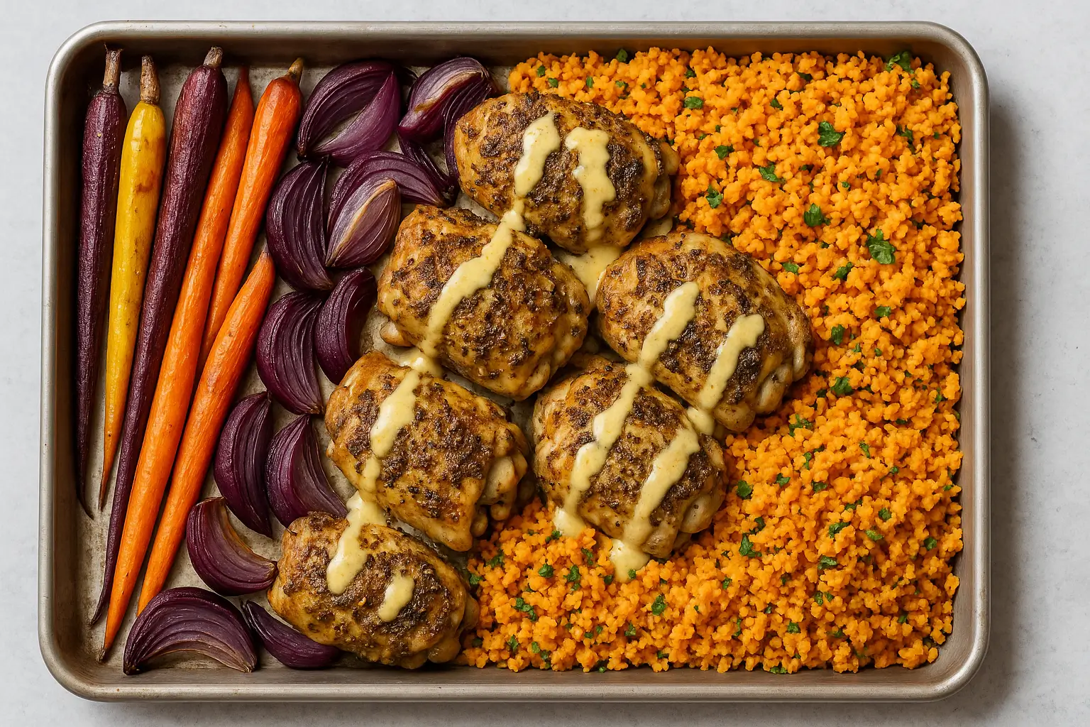 Sheet Pan Za’atar Chicken Roasted za’atar chicken with carrots, red onions, and couscous arranged on a sheet pan