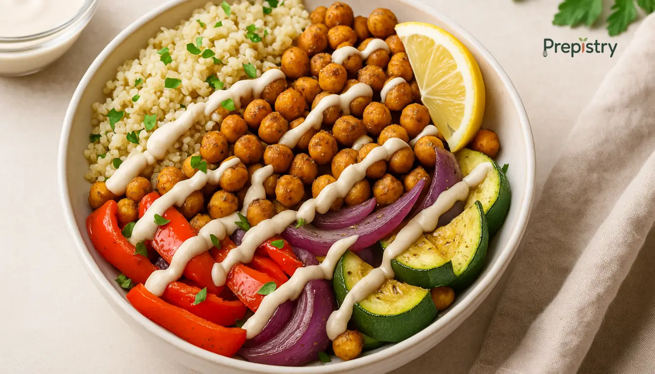 Sheet Pan Za’atar Chickpea Roasted chickpeas, vegetables, and quinoa in a bowl drizzled with tahini sauce
