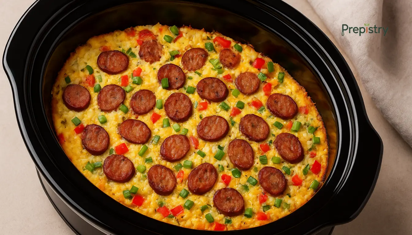 Slow Cooker Cauliflower Rice Breakfast Bake Slow cooker breakfast bake with sausage slices, red peppers, and green onions