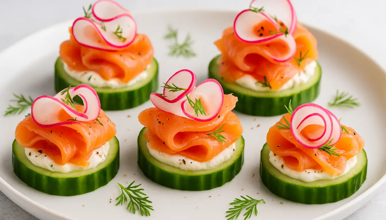 Smoked Cucumber Crunch Stacks Smoked salmon cucumber stacks topped with radish curls and fresh dill on a white plate