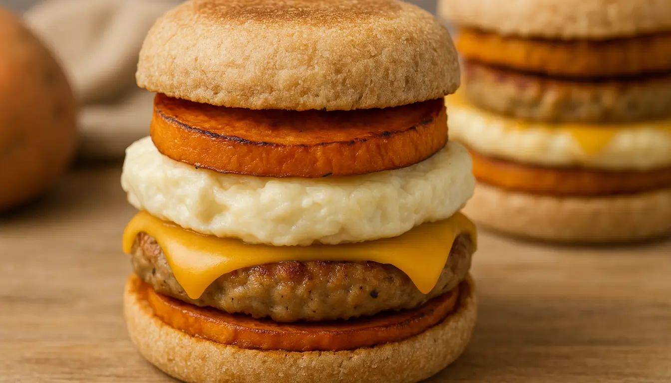 Smoked Salmon Cucumber Crunch Stacks Breakfast sandwich stacked with sweet potato, turkey sausage, egg white, and cheddar