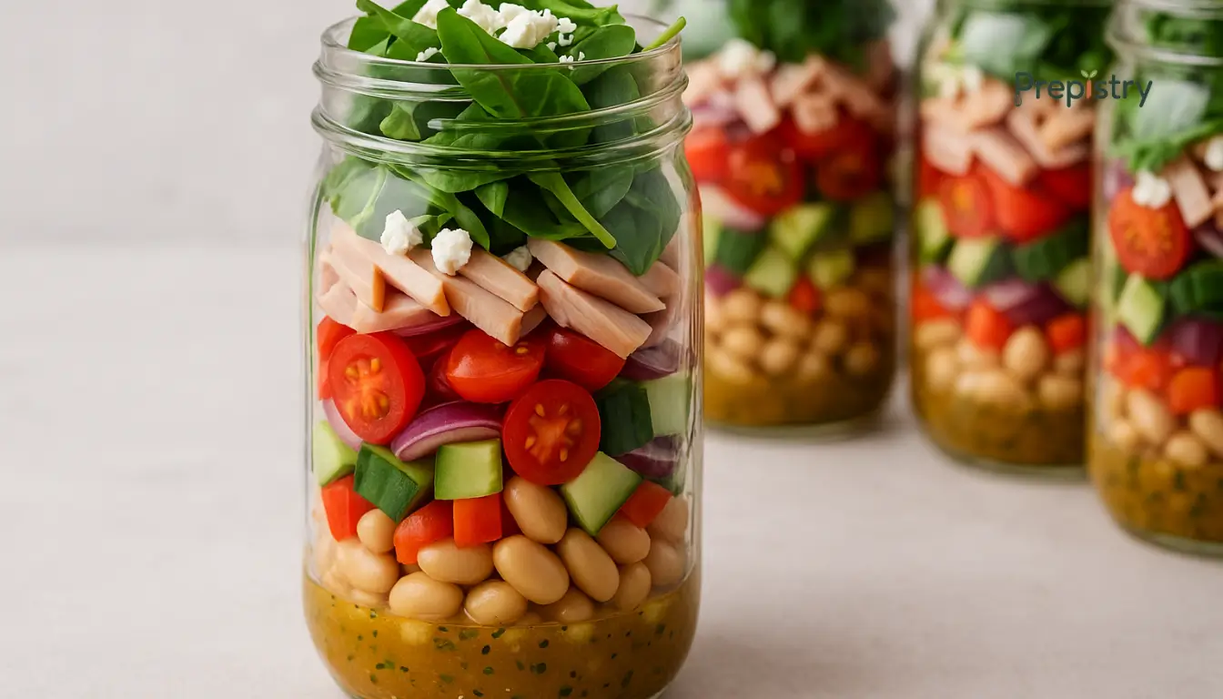 Smoked Turkey and Cannellini Bean Mason Jar Salad Layered mason jar salad with smoked turkey, cannellini beans, crisp veggies, and greens.