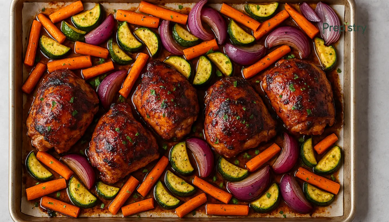 Smoky Balsamic Chicken and Rainbow Veggie Tray Bake Golden chicken thighs and colorful vegetables roasted together on a parchment-lined sheet pan