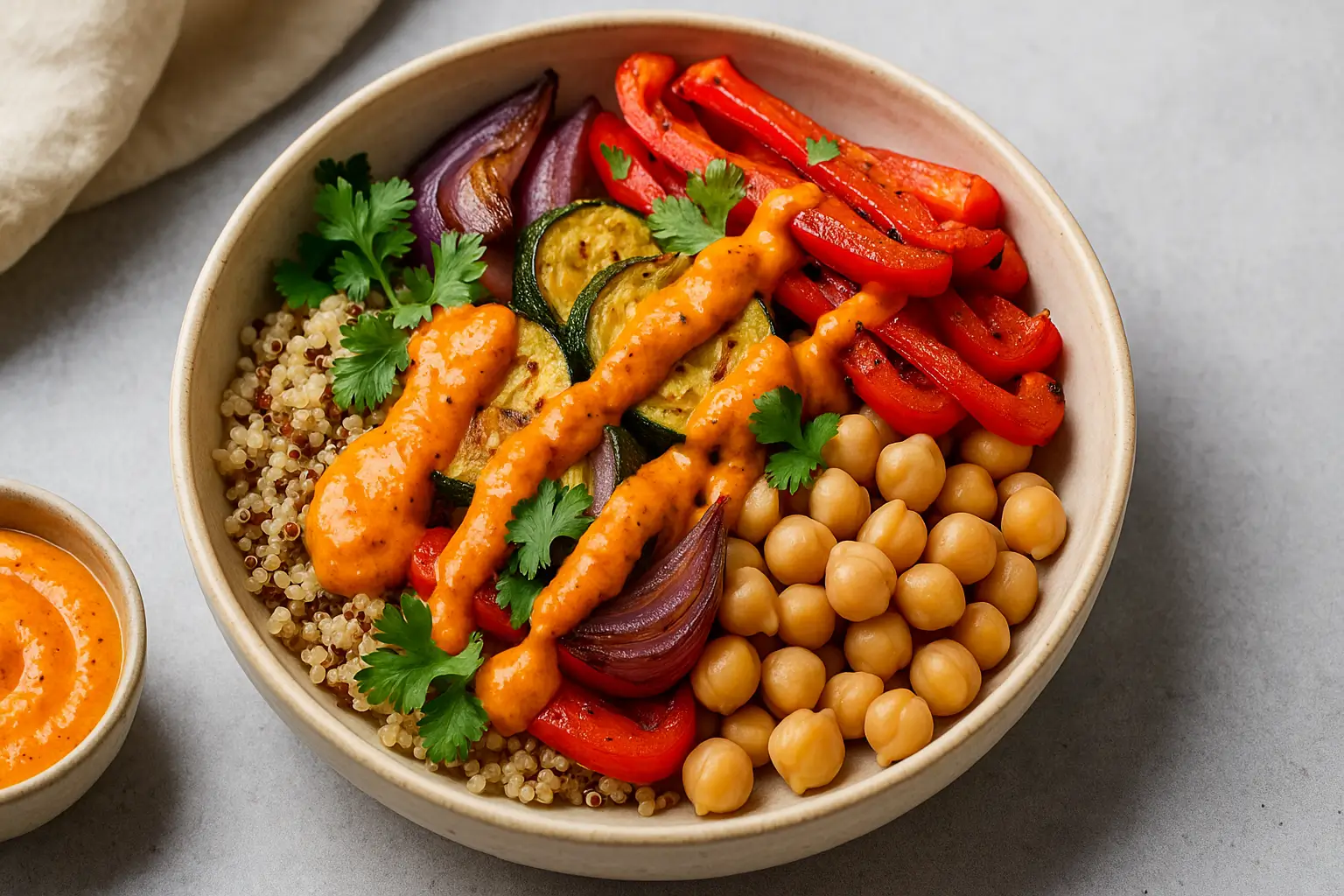 Smoky Cashew Red Pepper Drizzle Bowl Grain bowl with quinoa, roasted veggies, chickpeas, and smoky red pepper cashew drizzle