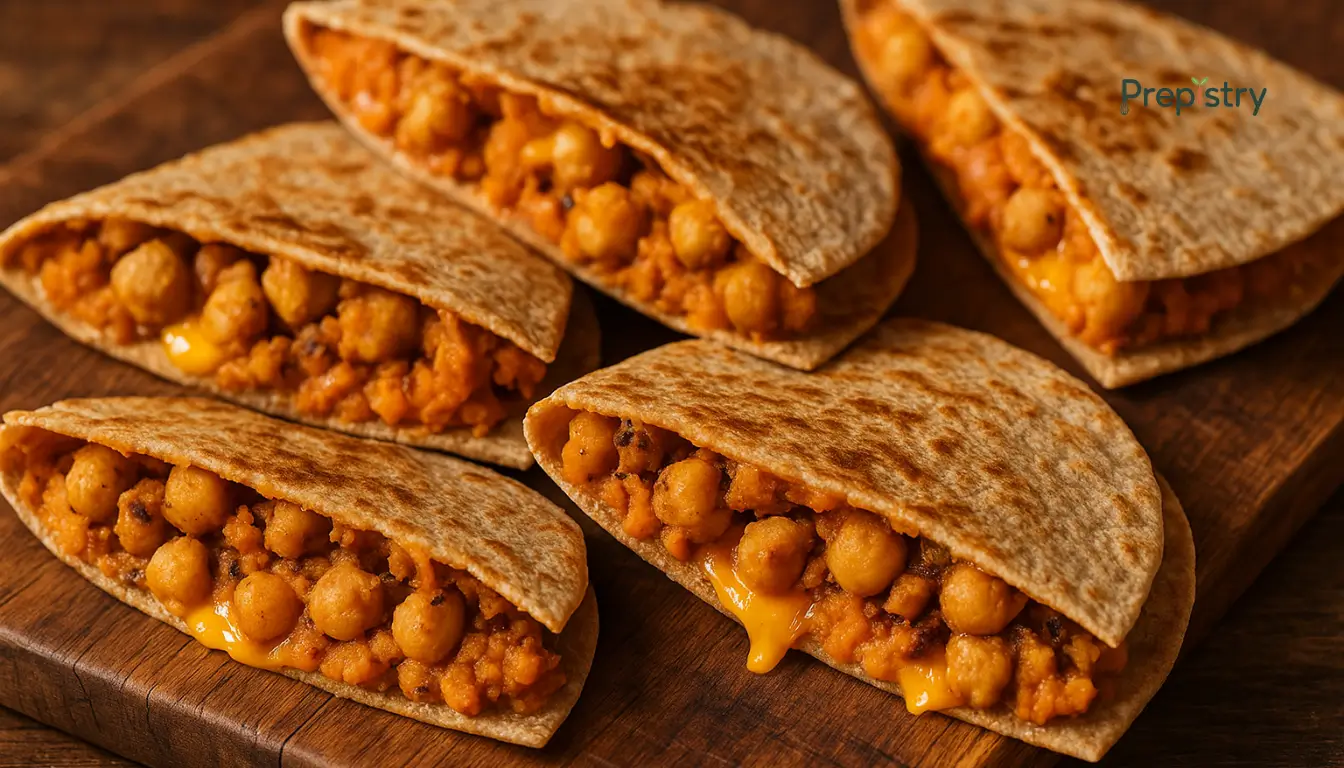 Smoky Chickpea & Sweet Potato Smoky chickpea and sweet potato quesadillas stacked on a wooden board