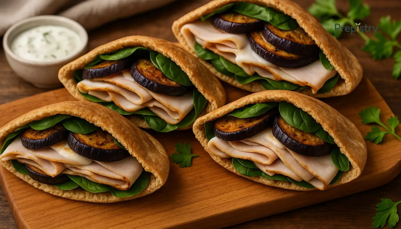 Smoky Eggplant & Turkey Pita Melts Four pita sandwiches filled with turkey, roasted eggplant, and spinach on a wooden board