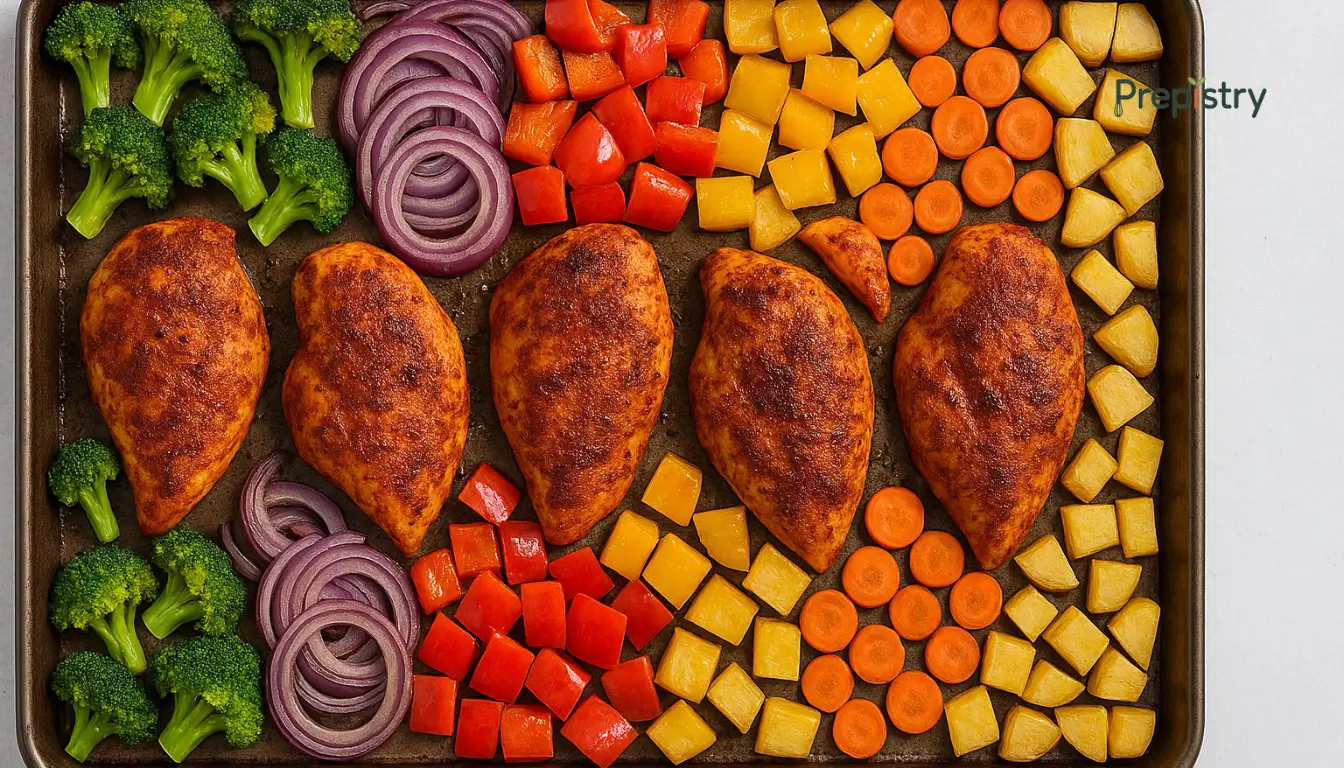 Smoky Paprika Chicken Smoky paprika chicken with broccoli, peppers, carrots, and potatoes on a sheet pan