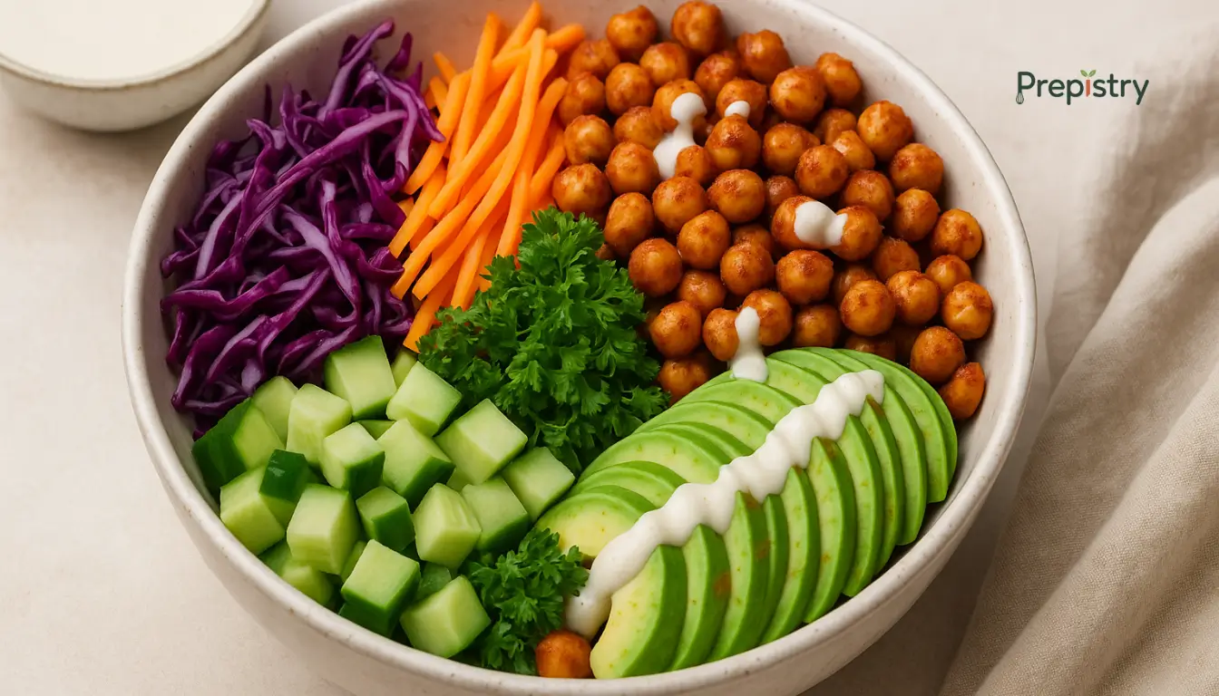 Smoky Paprika Chickpea Crunch Bowl Colorful bowl with roasted chickpeas, avocado, cucumber, carrots, and cabbage