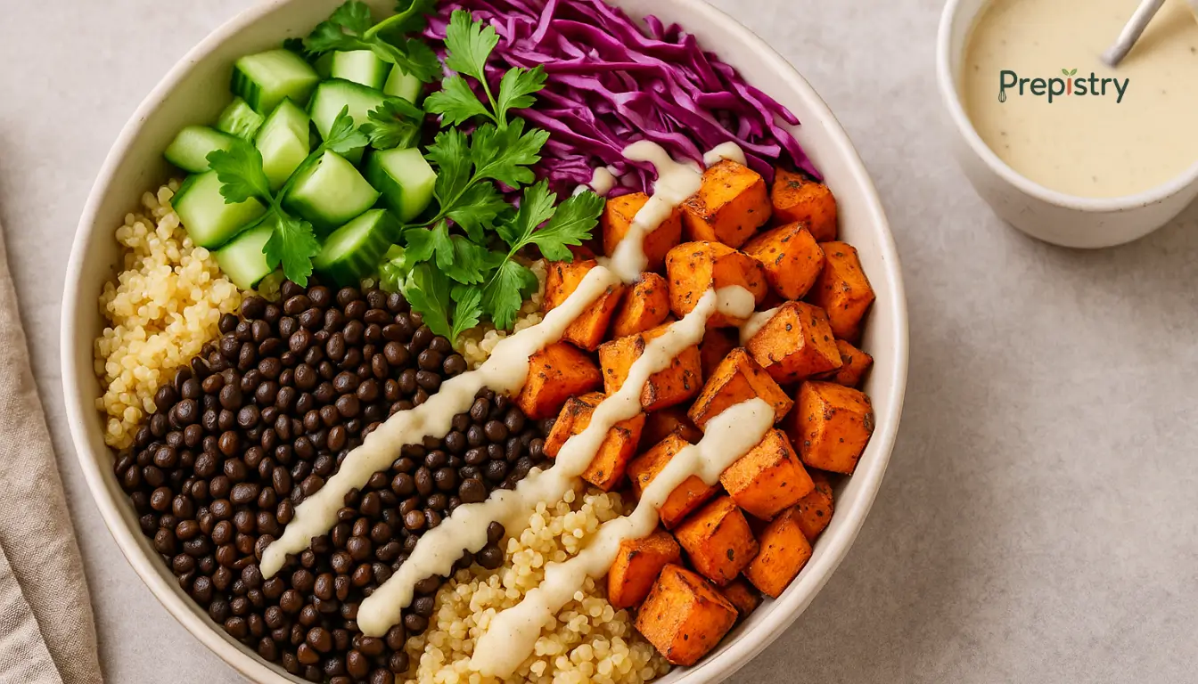 Smoky Sweet Potato & Black Lentil Lunch Bowls Roasted sweet potato, black lentils, quinoa, cabbage, and tahini in a ceramic lunch bowl