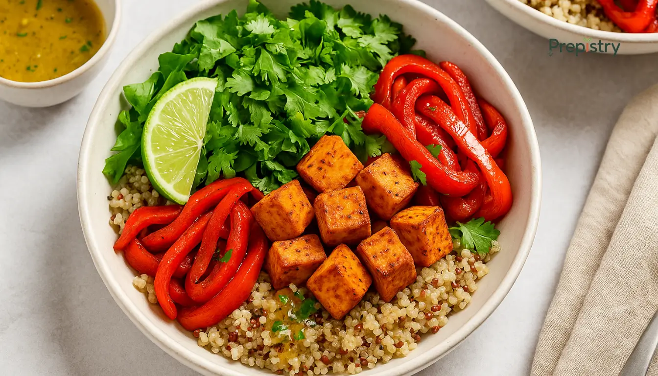 Smoky Tofu & Roasted Pepper Quinoa Bowls Smoky tofu quinoa bowl with red peppers, cilantro, lime, and fluffy quinoa
