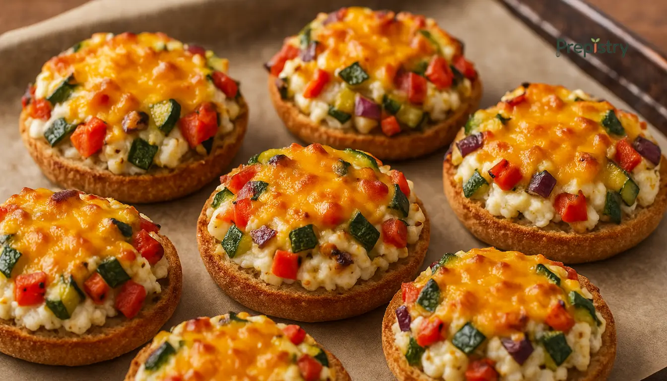 Smoky Veggie Breakfast Muffin Melts Toasted English muffins topped with egg whites, cheddar, and diced veggies