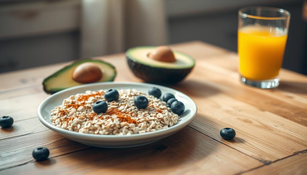 Soft natural light illuminates a cozy kitchen table, where a plate of fiber-rich oats is nestled beside a ripe avocado. The oats, flecked with cinnamon and dotted with plump blueberries, are a testament to their nourishing properties. The avocado, its vibrant green flesh contrasting with the rustic wooden surface, promises a dose of healthy fats to fuel the day. A glass of fresh orange juice completes the scene, hinting at the vitamins and minerals that will energize the body. The overall mood is one of simplicity, warmth, and a commitment to wholesome, sustaining ingredients.