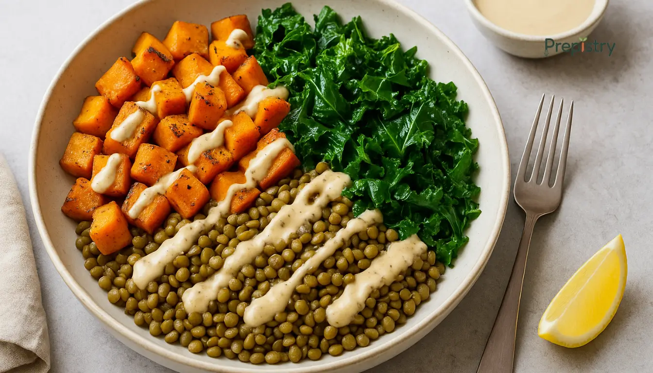 Spiced Butternut Lentil Power Bowls Colorful bowl of roasted butternut squash, green lentils, kale, and tahini drizzle