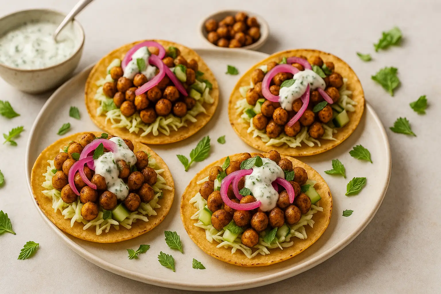 Spiced Chickpea Shawarma Tostadas Crispy tostadas topped with roasted chickpeas, pickled onions, and herbed yogurt sauce