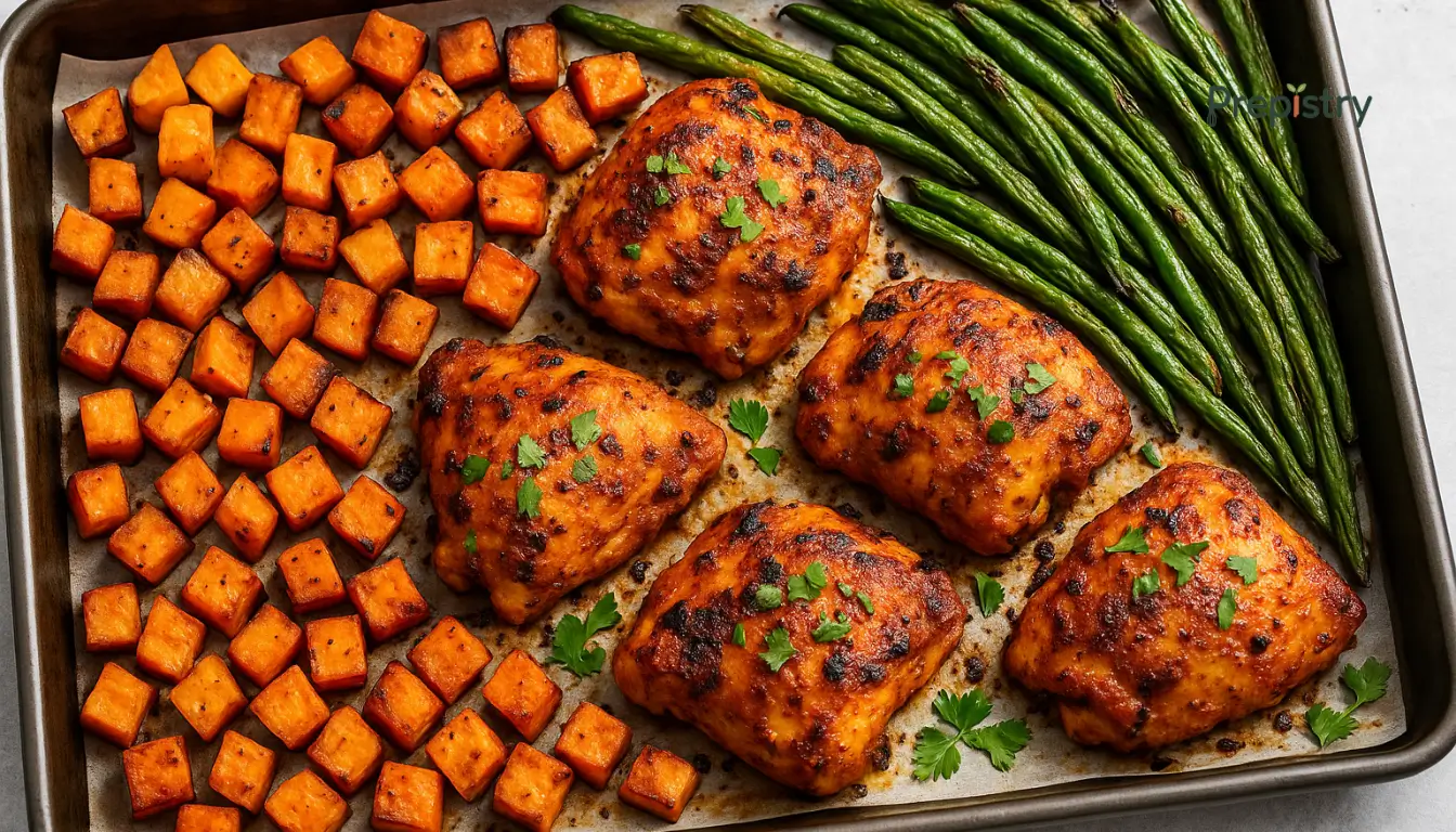 Spiced Harissa Chicken & Sweet Potato Roasted harissa chicken thighs with sweet potatoes and green beans on a sheet pan