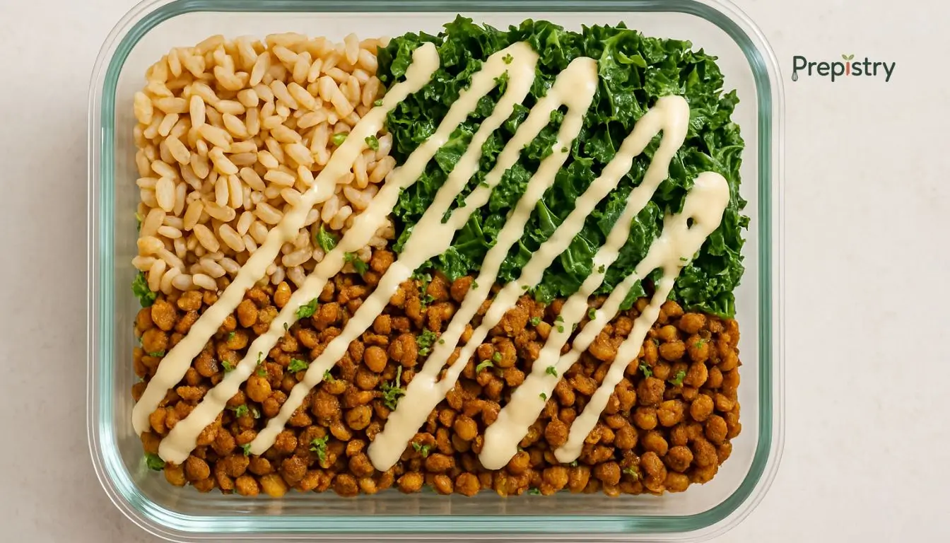 Spiced Lentil & Kale Grain Bowls Spiced lentil, kale, and farro bowl with lemon-tahini drizzle in a meal prep container