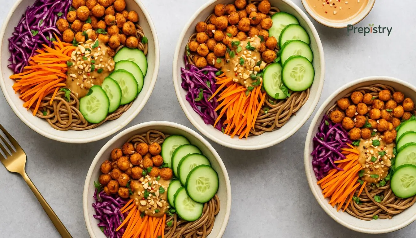Spiced Peanut Chickpea Noodle Bowls Colorful noodle bowl with chickpeas, cucumber, carrot, cabbage, and peanut sauce