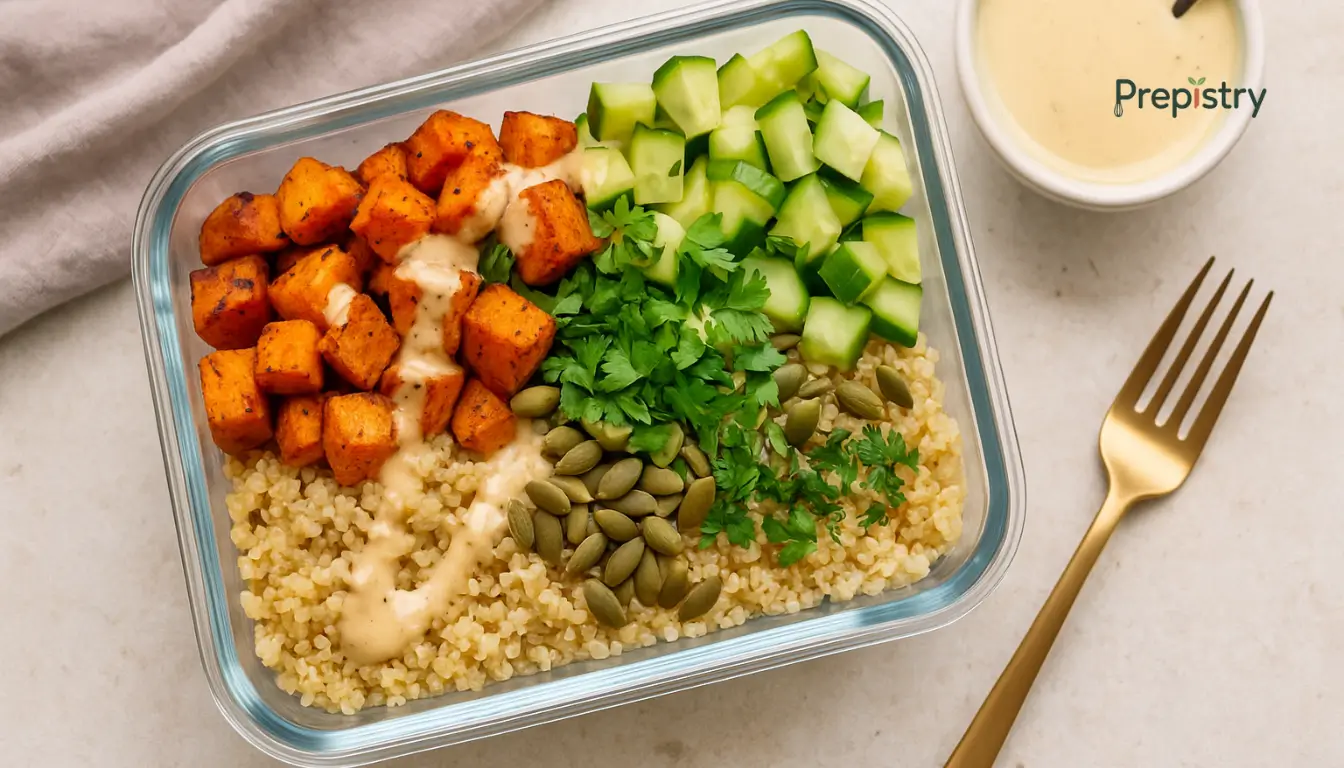 Spiced Sweet Potato & Cucumber Quinoa Bowls Colorful quinoa bowl with roasted sweet potatoes, cucumbers, herbs, and tahini dressing