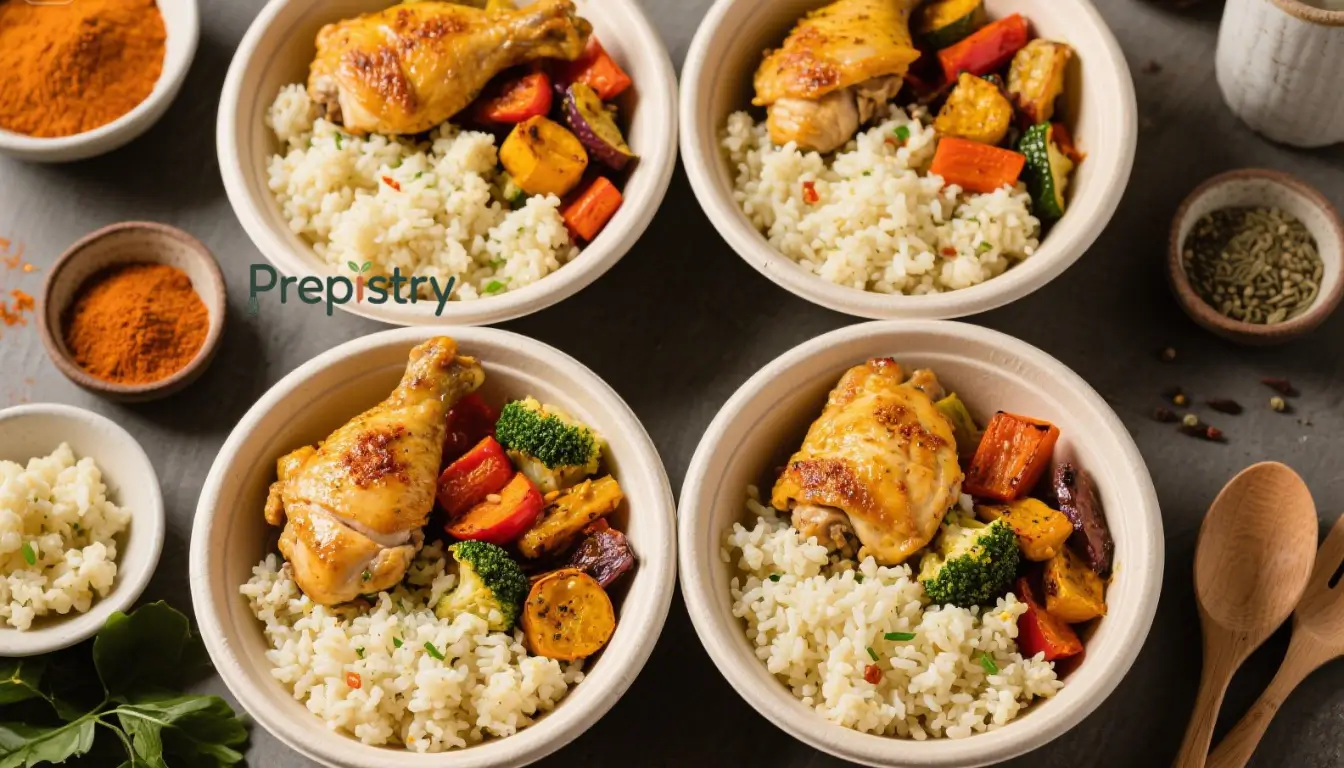 Spiced Turmeric Chicken & Cauliflower Rice Overhead view of four bowls with turmeric chicken, cauliflower rice and roasted veggies