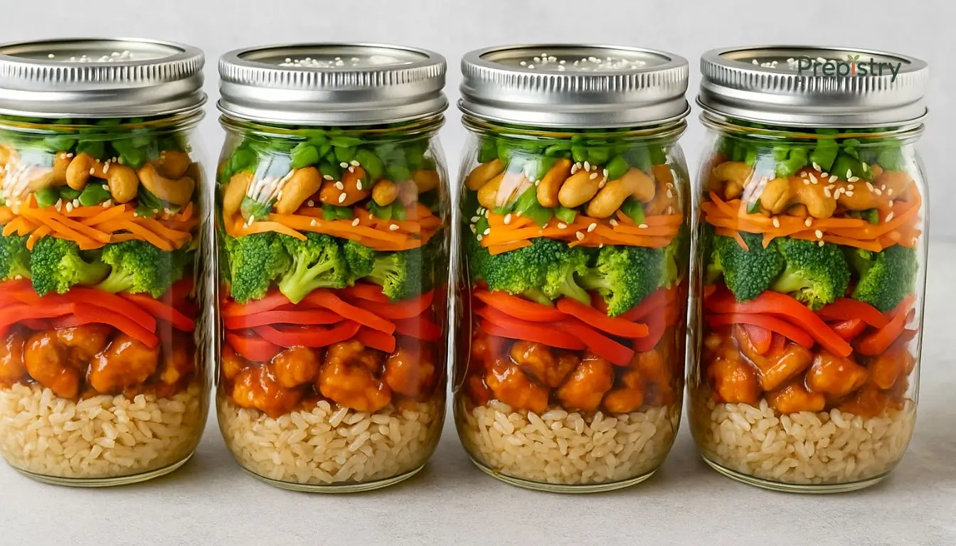 Spicy Cashew Chicken Lunch Jars Four mason jars neatly layered with rice, spicy chicken, vegetables, and cashews