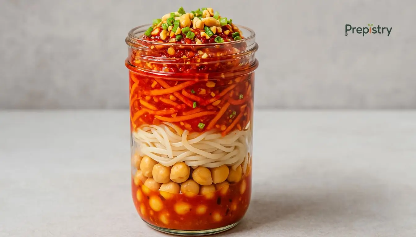 Spicy Chickpea & Rice Noodle Power Jar Layered jar of chickpeas, noodles, carrots, and spicy sauce topped with peanuts and scallions